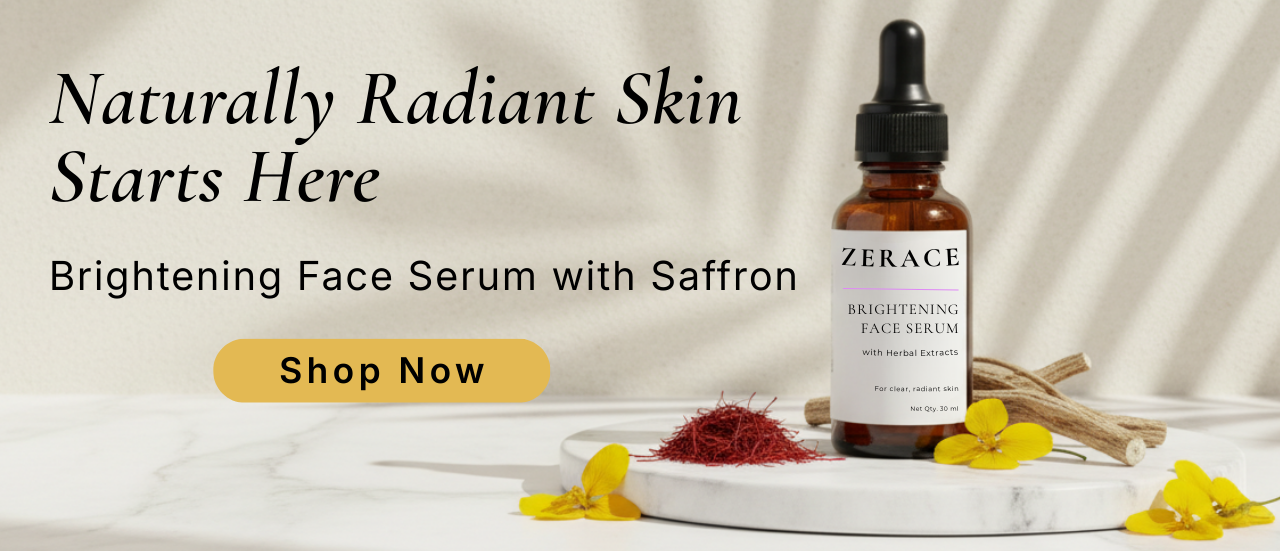 Zerace brightening face serum with saffron on a marble tray with flowers, against a neutral background.